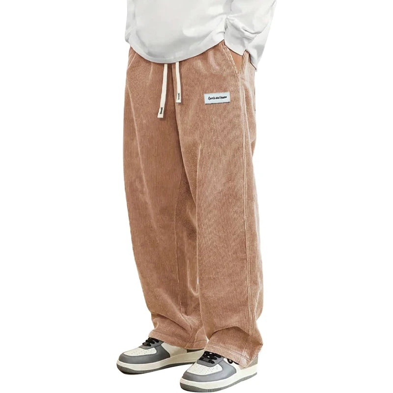 Pantalon Velours Côtelé Homme Loose Fit Coupe Droite Automne – Taille Élastique Cordon Outdoor Streetwear | Mode Homme