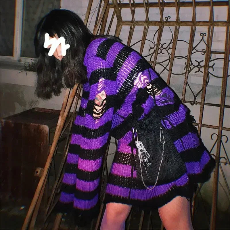 Gothic Damen Strickpullover Lila Streifen Zerrissen Ausgefranst – Fairy Grunge Lolita Emo Streetwear Stil