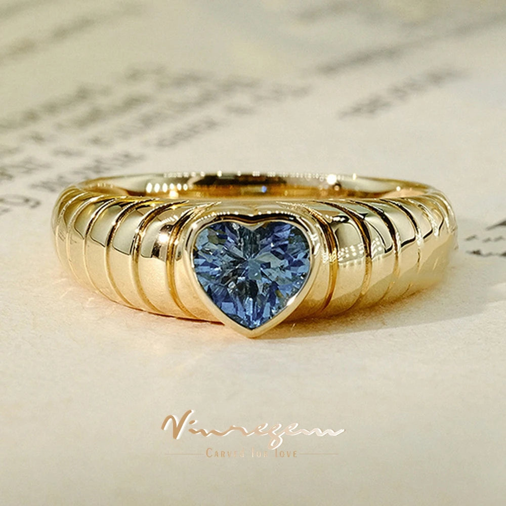 Bague Vintage Cœur Aigue-Marine & Rubis 6MM Plaqué Or 18K Argent 925 – Pierre Précieuse Naturelle | Joaillerie Luxe Femme | Cadeau Bijou Premium