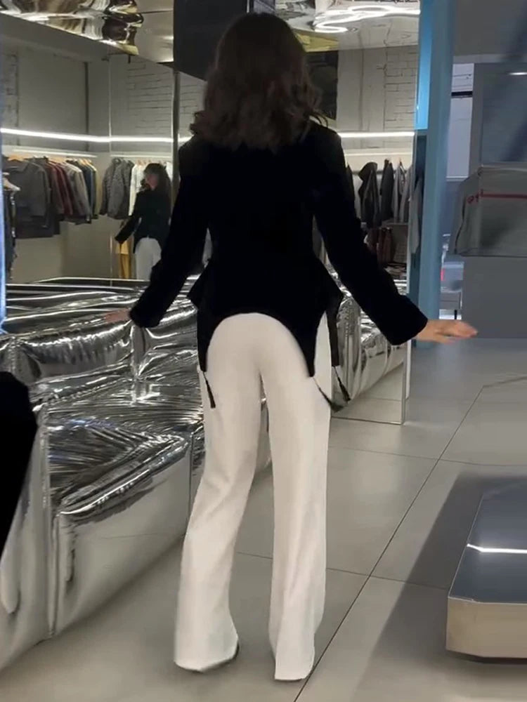 Veste Femme Velours Noir Franges Boutons Nœuds Ourlet Asymétrique Manches Longues Slim – Élégante Streetwear & Bureau
