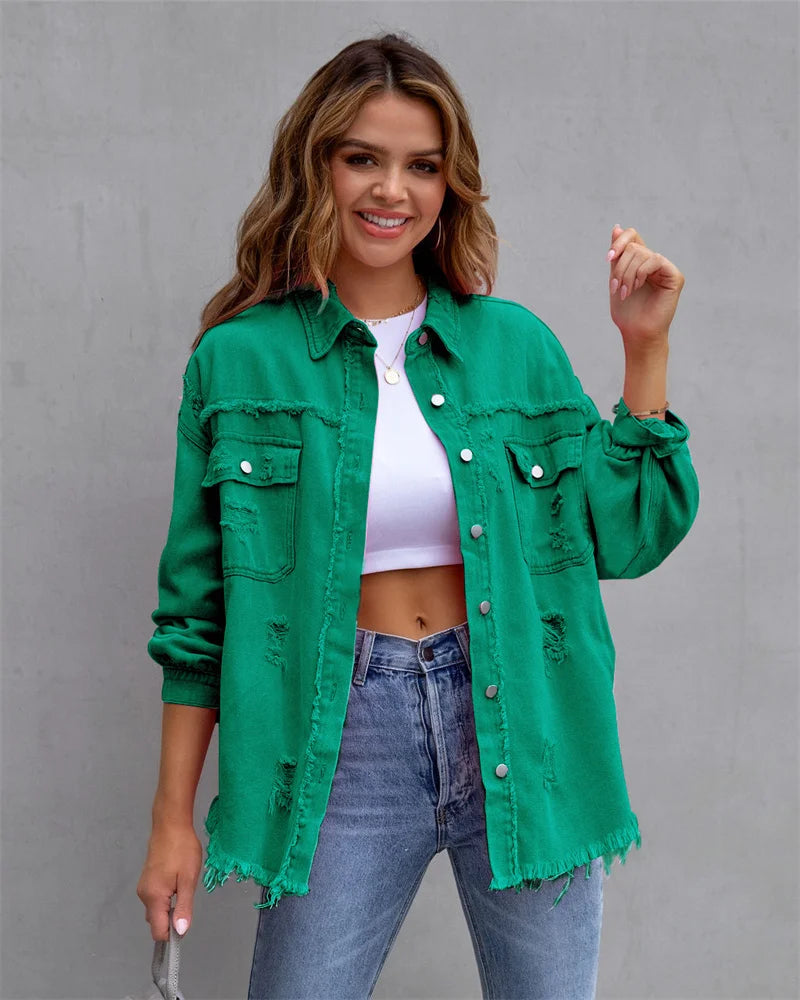 Veste en Jean Femme Bords Bruts Troués – Style Chemise Casual | Printemps Automne Tendance 2025