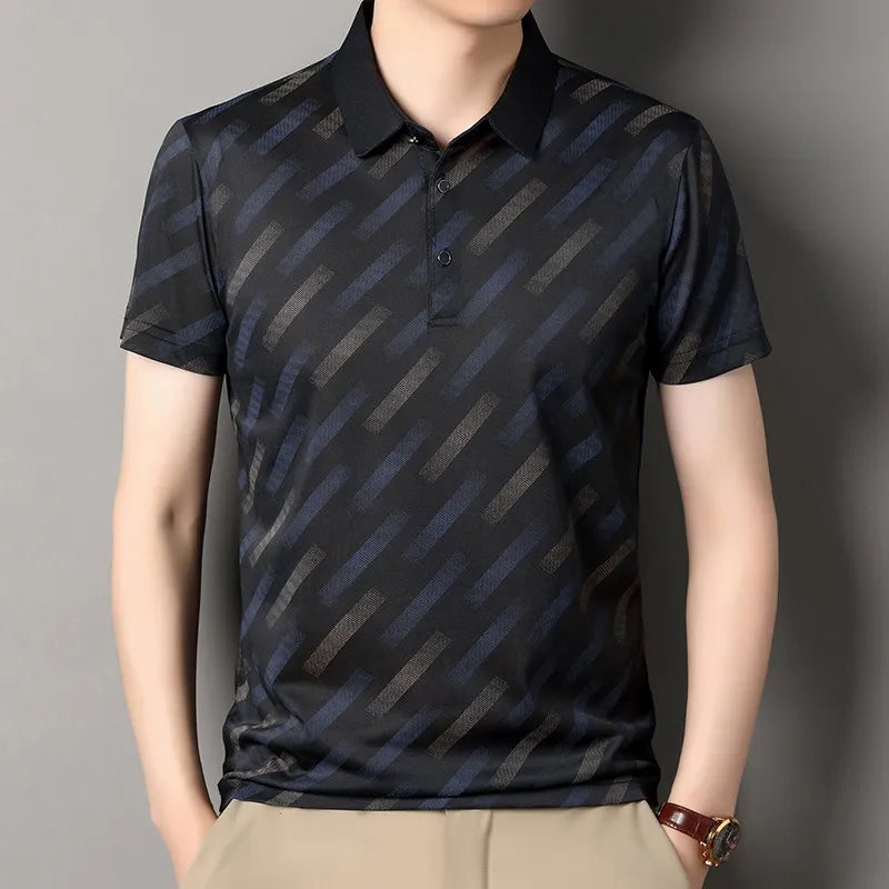 Polo für Herren, modisch, kurze Ärmel, Reverskragen, diagonale Streifen, bedruckt, lässig, Business, Golf, trendig, elegant – Premium Polo gestreift | Herrenmode Business Premium