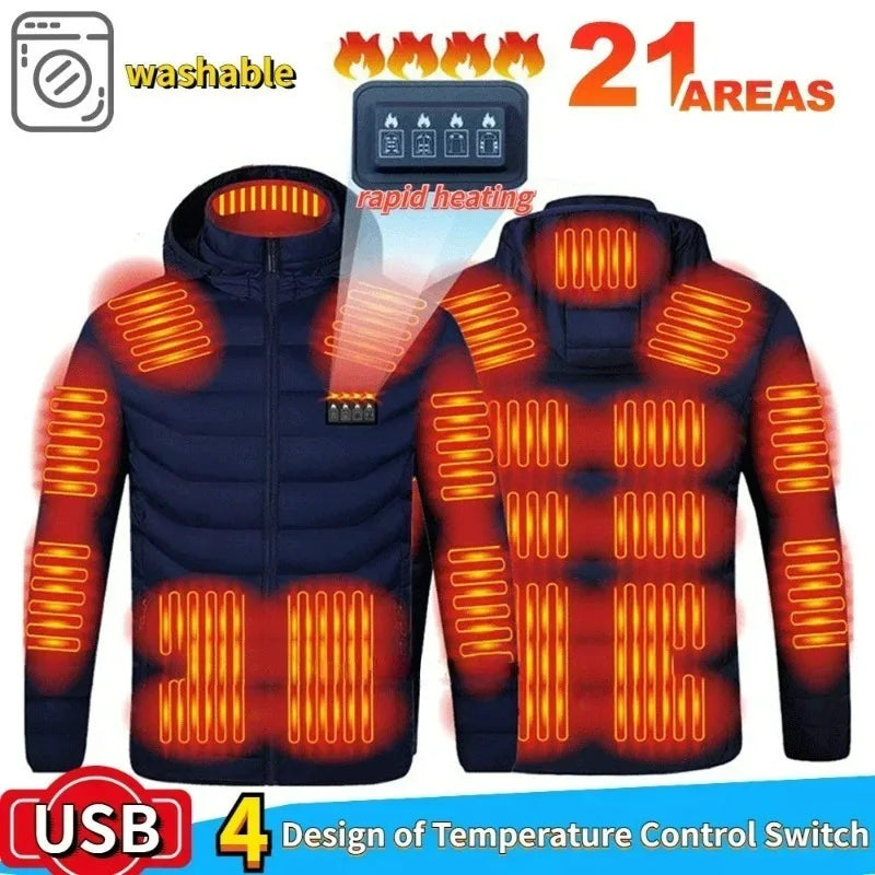 Beheizbare Herrenjacke Winter USB Elektrisch 21 Heizzonen – Selbstbeheizter Mantel Skifahren Schnee Outdoor Steppweste | Herren Premium Tech Mode