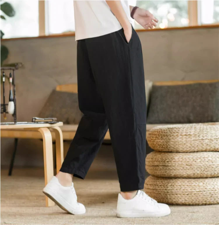 Pantalon Homme Lin Coton Casual Couleur Unie Respirant Loose Straight Baggy Léger – Cordon Streetwear Sport | Mode Homme Confort