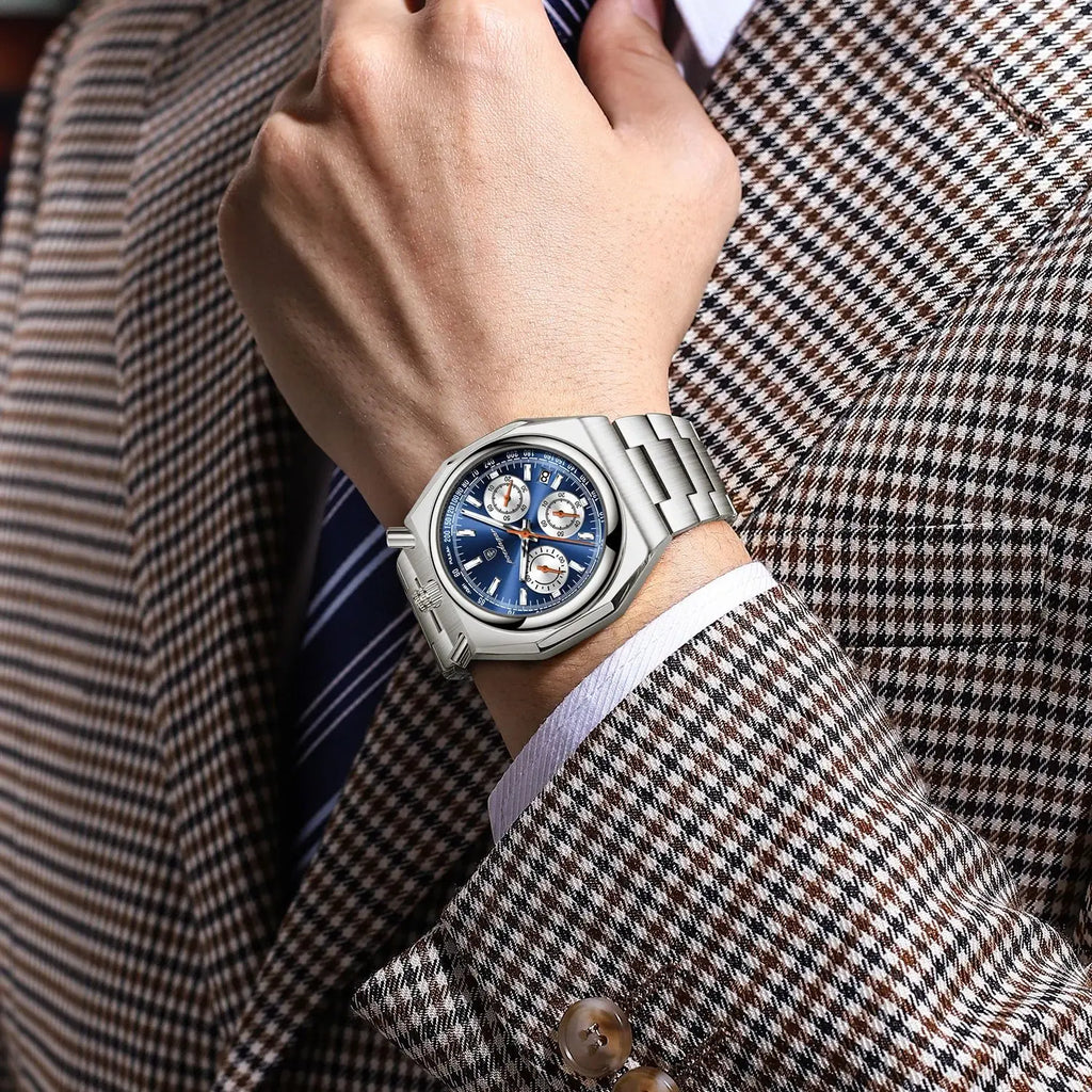 Montre Homme Luxe POEDAGAR Chronographe Militaire Acier Inoxydable Lumineux Étanche + Boîte