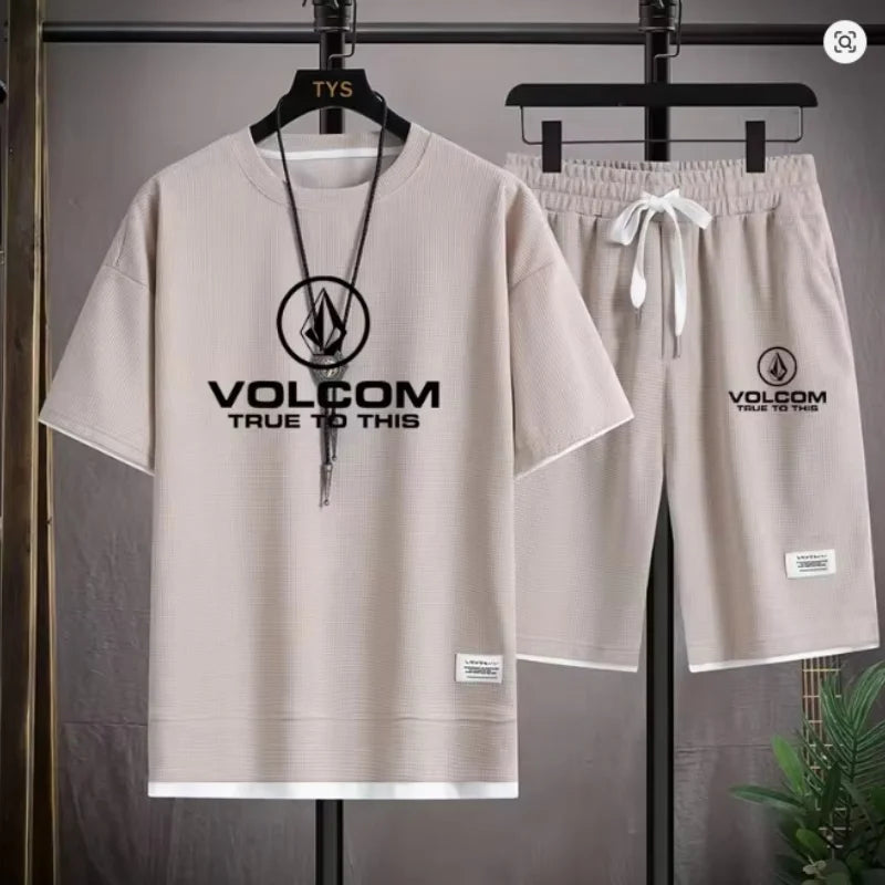 VOLCOM Ensemble T-shirt + Short Sport Homme Été – Waffle Imprimé Casual Sportswear