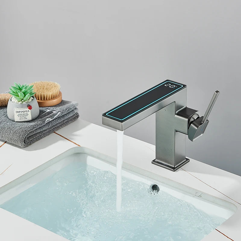 Robinet Lavabo Digital LED Gris – Affichage Température, Lumière LED, Mitigeur Eau Chaude & Froide | Salle de Bain High-Tech