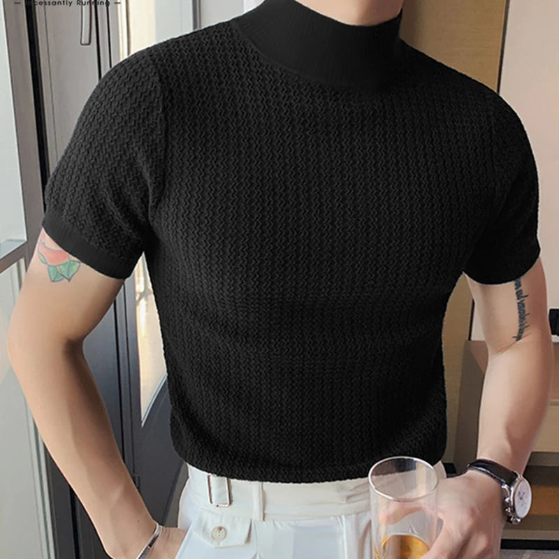 T-Shirt Homme Moulant Col Haut Texturé Couleur Unie Manches Courtes Style Coréen K-Fashion Streetwear Casual Été | Tee Shirt Col Haut K-Fashion Premium