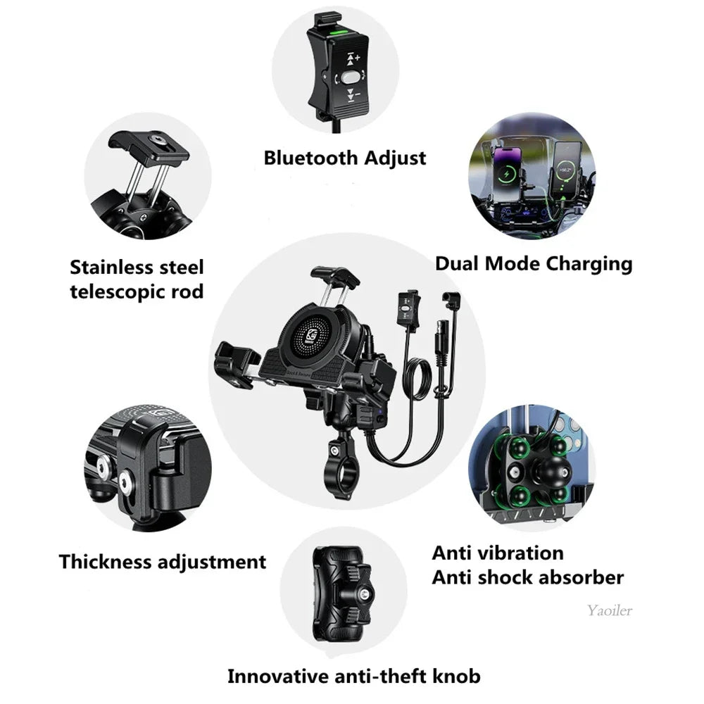 Support Téléphone Moto Chargeur Sans Fil 15W + USB-C 36W – Anti-Vol Anti-Vibration Guidon