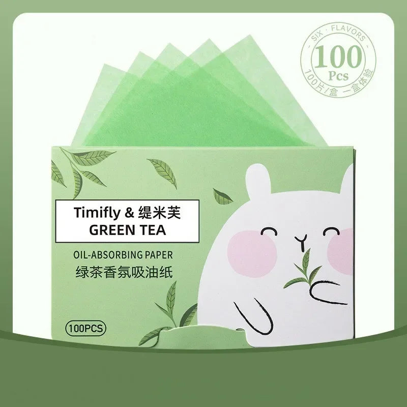 Papiers Matifiants Thé Vert – Lot 100 Pcs Portables | Lingettes Anti-Brillance Visage