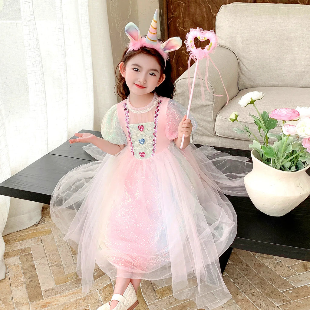 Meerjungfrau Prinzessin Kleid Mädchen Pailletten Perlen Puffärmel – Faschingskostüm Halloween Cosplay