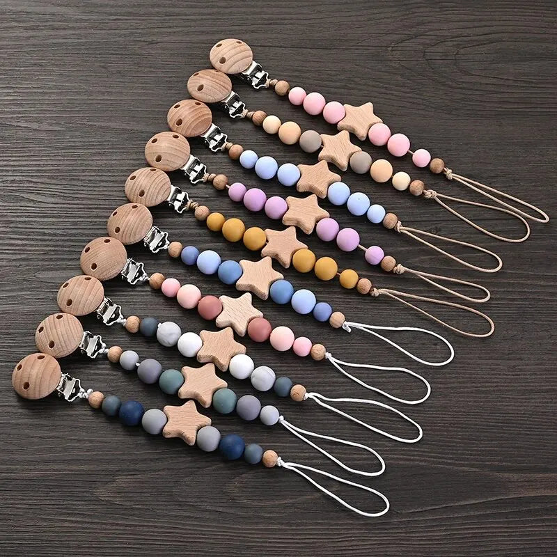 Attache-Tétine Bébé Perles Silicone & Bois Étoile – Chaîne Anneau Dentition Jouet À Mâcher Cadeau Naissance