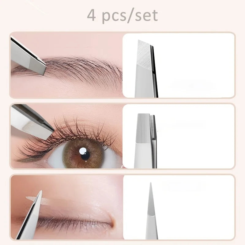 Set Pinces à Sourcils Professionnelles en Inox – 1 à 4 Pcs | Poils Incarnés, Sourcils & Soins Visage