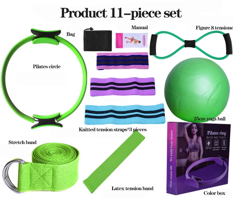 Kit Yoga & Pilates 11 Pièces – Bandes Élastiques Latex, Anneau Fessier & Ballon Stretching | Gym, Fitness & Récupération