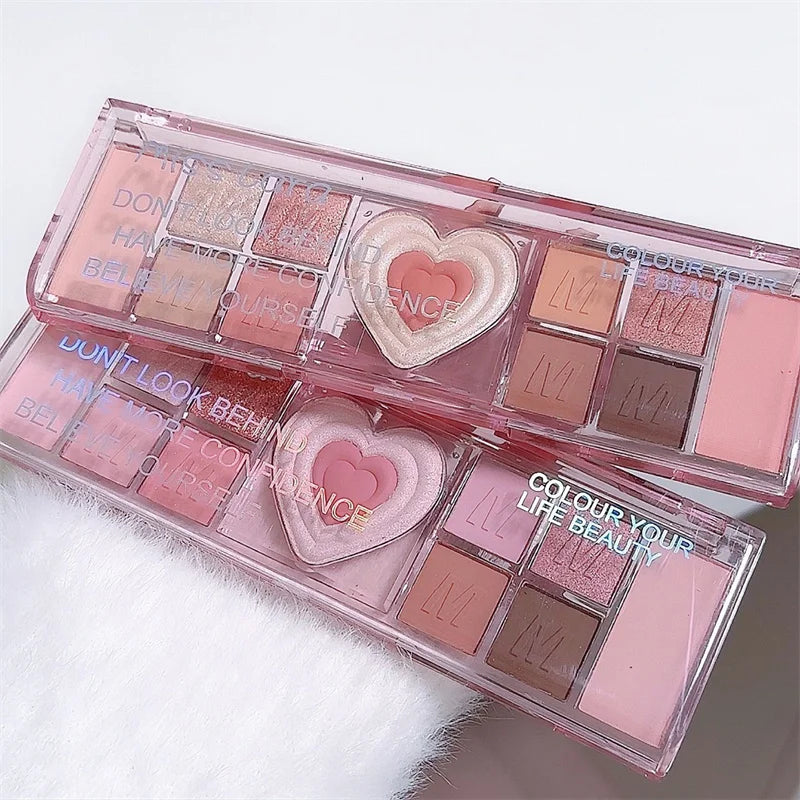 Palette Fards À Paupières 12 Couleurs Coeur Rose – Tons Froids Mat & Brun | Maquillage Coréen Naturel