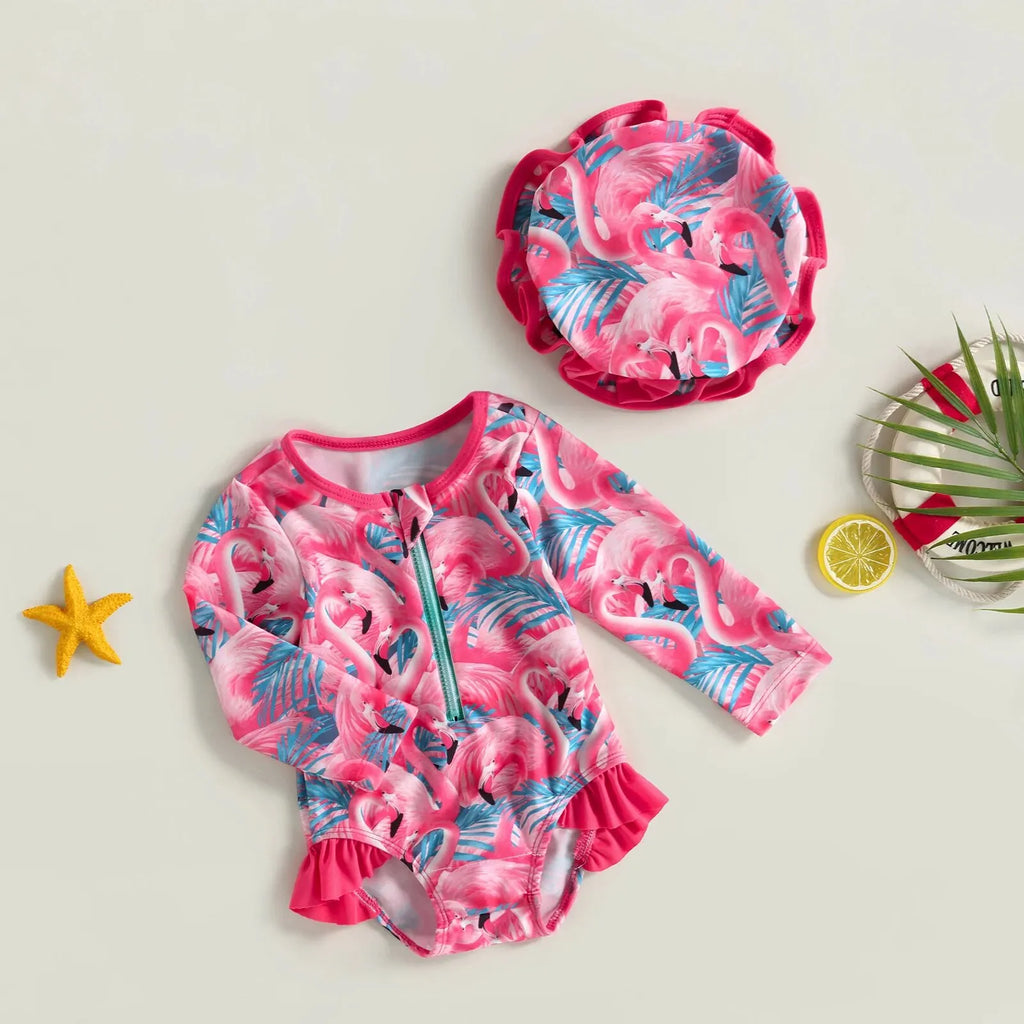 Maillot de Bain Bébé Fille Combinaison Zipper – Imprimé Flamant Rose Fleurs Manches Longues + Bandeau Été