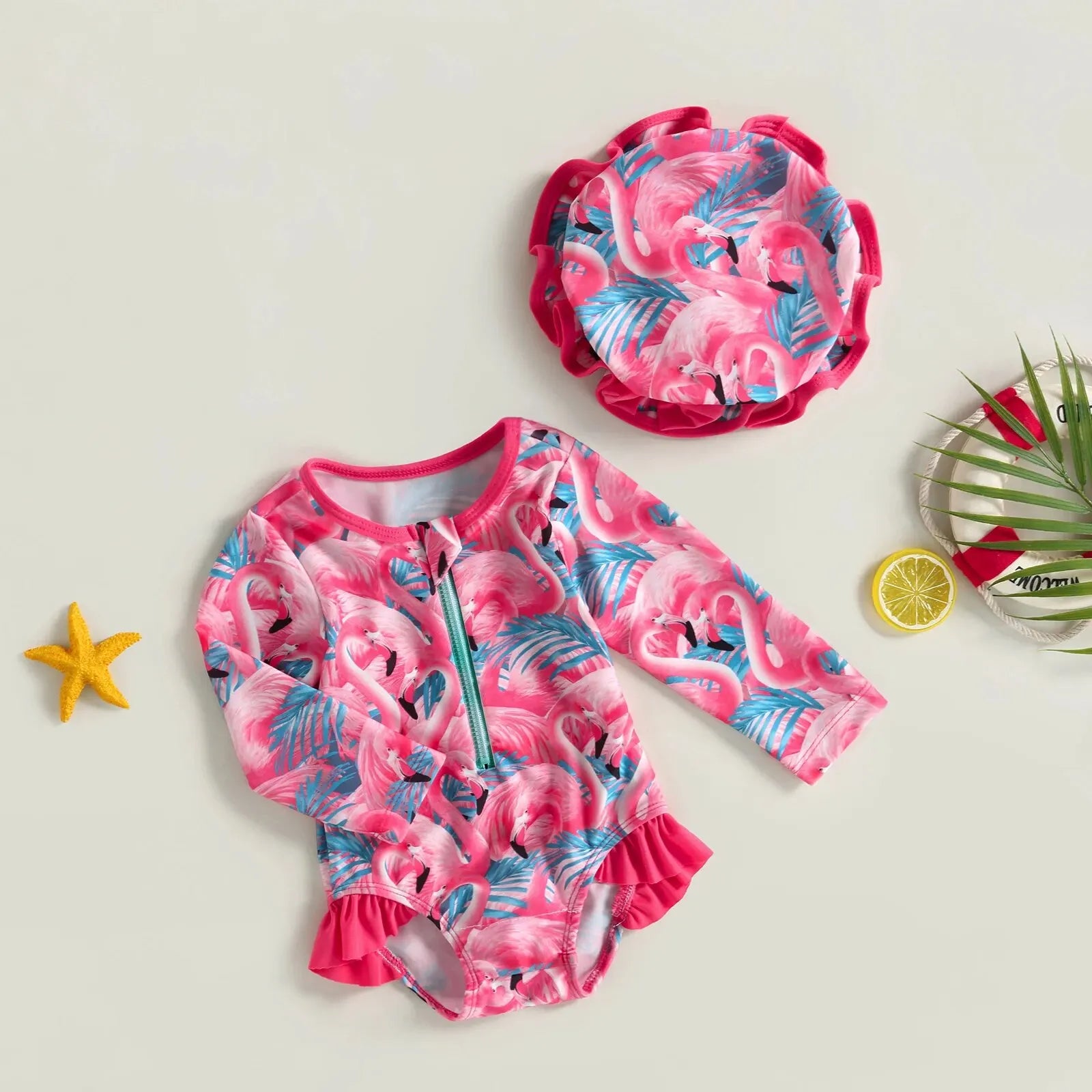 Maillot de Bain Bébé Fille Combinaison Zipper – Imprimé Flamant Rose Fleurs Manches Longues + Bandeau Été