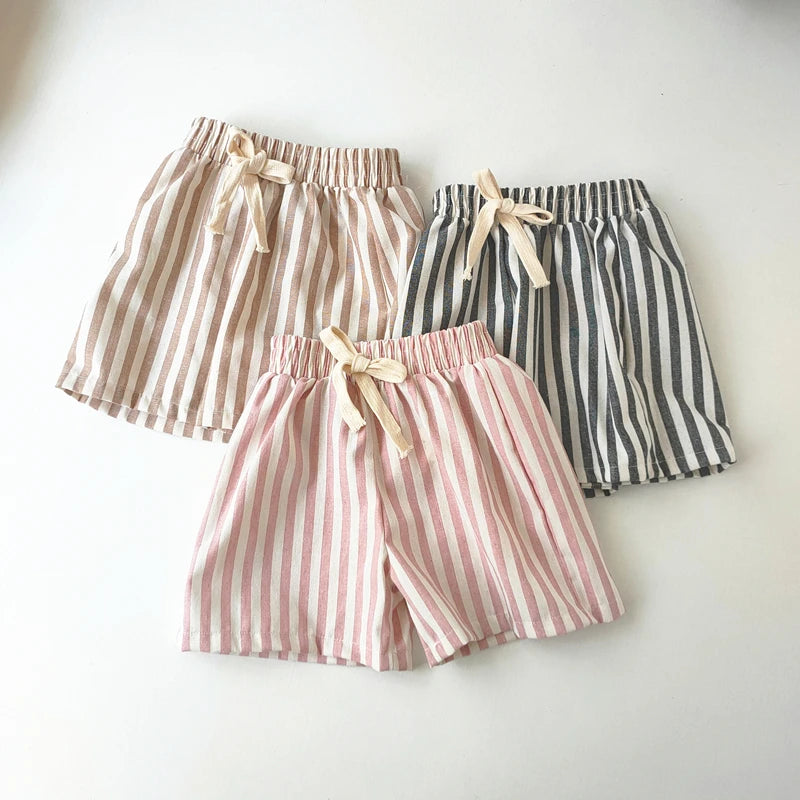 Short Lin Coton Enfant Rayures – Pantalon Court Casual Vintage Ample Garçon Fille Été