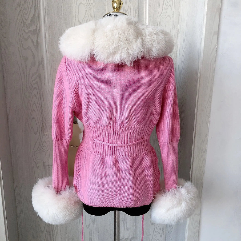 Damen Cardigan Strick Kragen Kunstpelz Fuchs Elegant – Chic & Luxuriöser Pullover Mantel | Frühling Herbst