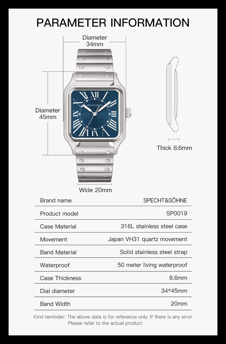 Montre Unisexe Specht & Söhne Luxe 34mm Quartz – Ultra-Fine Saphir Acier Étanche 50M