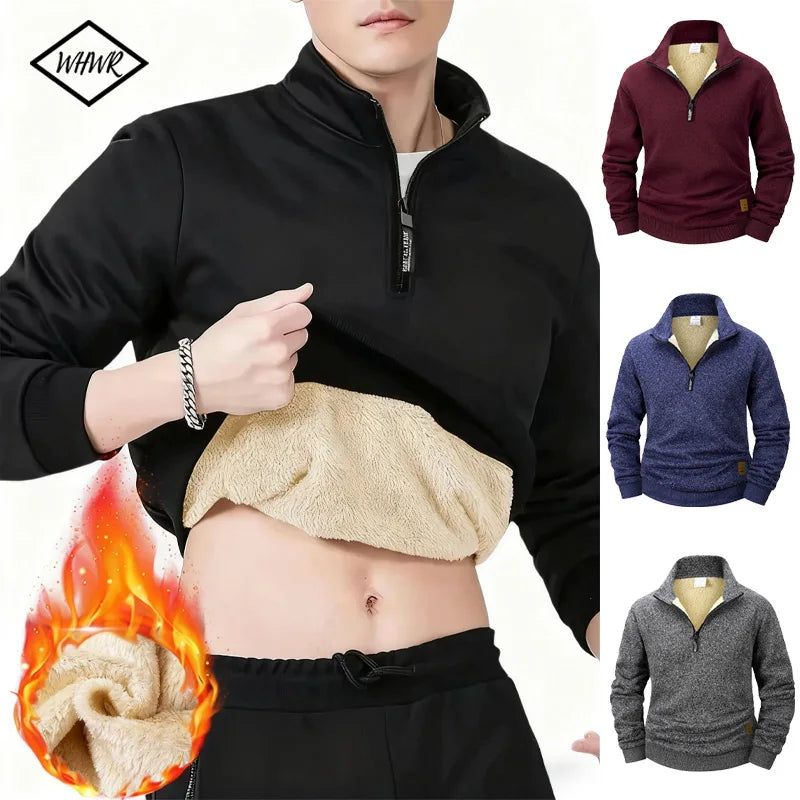 Herren-Sweatshirt aus Fleece, innen warm, Winter, Halb-Reißverschluss, Stehkragen, einfarbig, Outdoor, bequem | Premium-Fleece-Sweatshirt mit halbem Reißverschluss