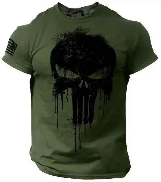 T-Shirt Homme Vintage Imprimé Crâne Militaire Oversize Col Rond Manches Courtes – Casual Outdoor Été Streetwear | Mode Homme Rock