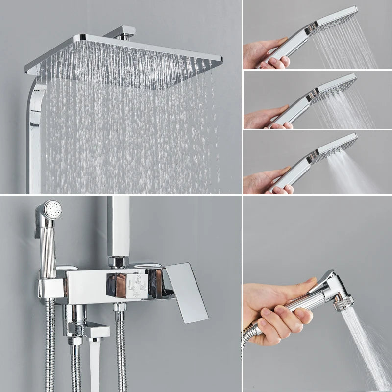 Shinesia Système Douche Pluie Mural – Noir & Chrome, 3 ou 4 Voies, Mitigeur Eau Chaude & Froide | Salle de Bain