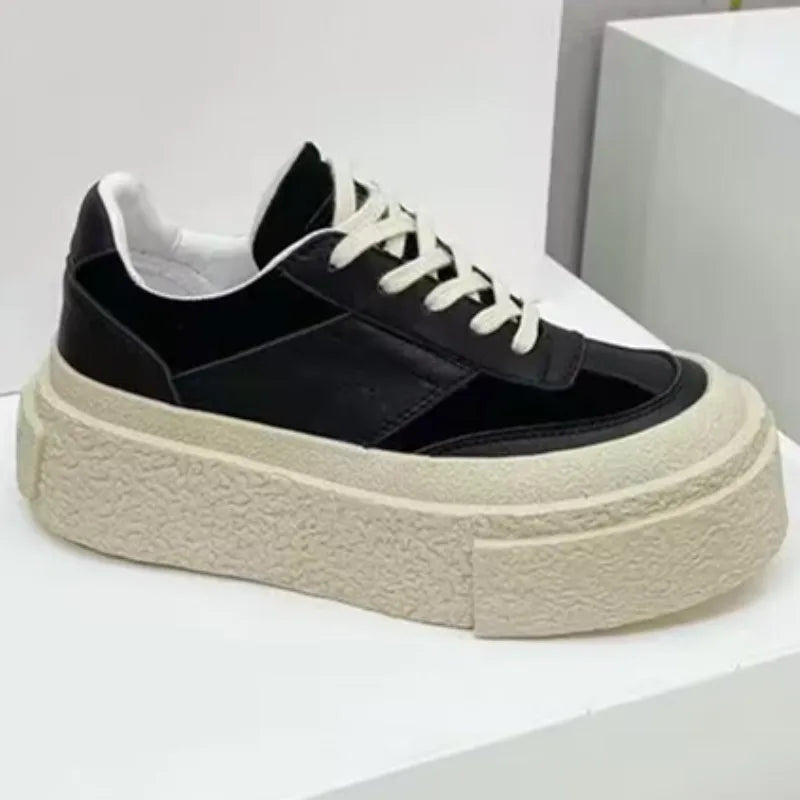 Chaussures Cuir Véritable Femme Cake Sole 2024 – Blanches Casual Élévées Sport Printemps