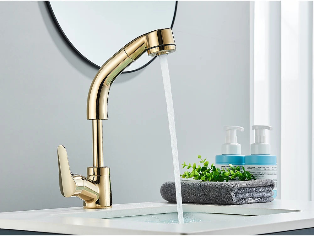 POIQIHY Robinet Lavabo Extractible Noir – Mitigeur Chaud Froid, Rotation 360°, Bec Relevable | Chrome & Noir Salle de Bain