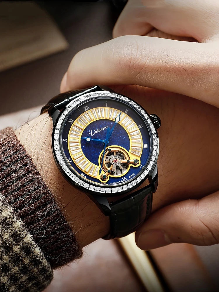 Montre Homme Tourbillon Automatique Mécanique – Cadran Strass Lumineux Sport Étanche Acier