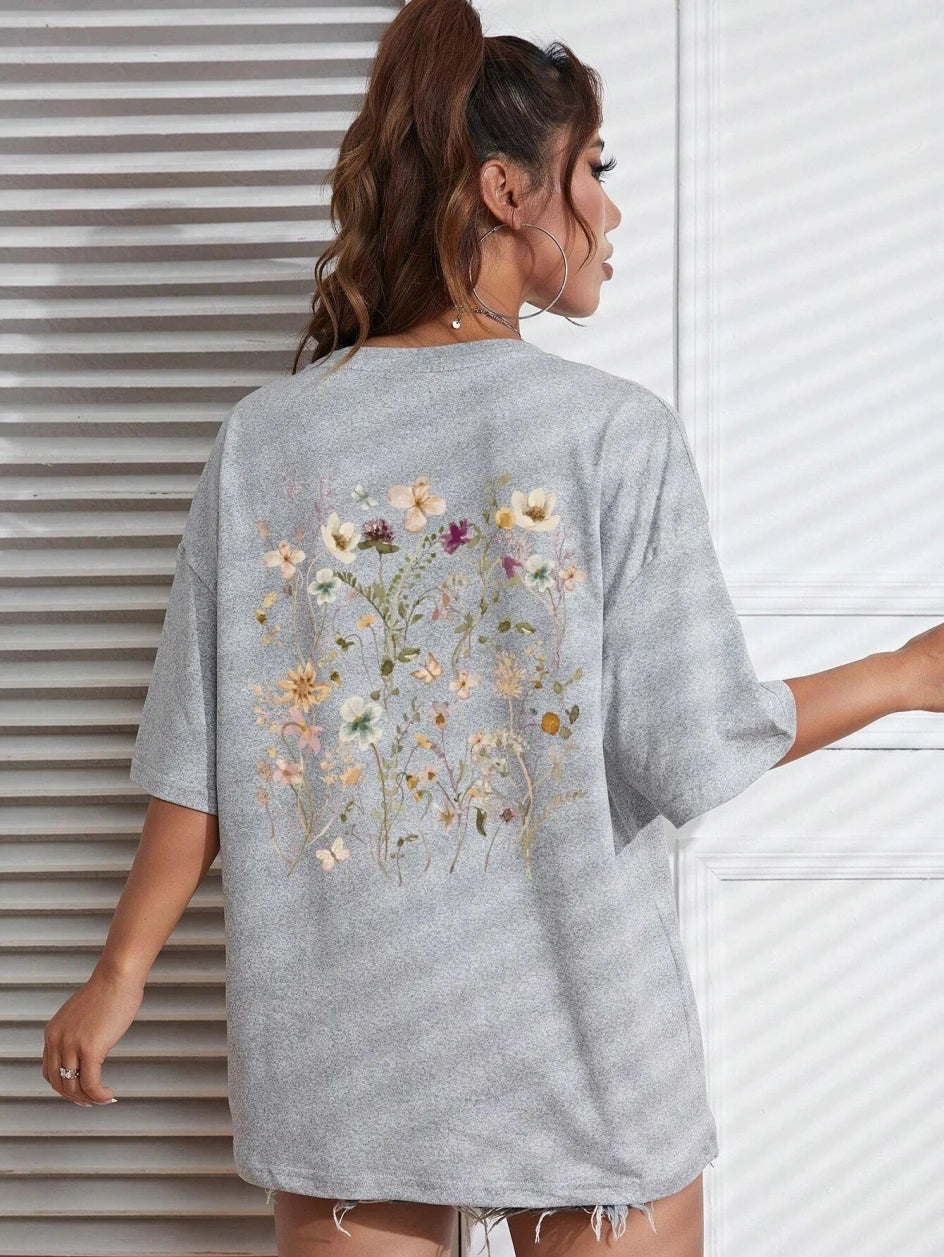 T-Shirt Femme Coton Imprimé Fleurs Manches Courtes Ample Doux Respirant – Top Casual Confortable | Street Style