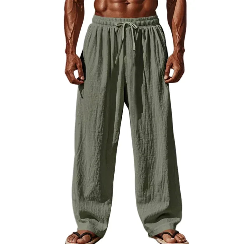Pantalon Homme Lin Coton Casual Straight Leg Confortable – Cordon Taille Élastique Grande Taille S-4XL | Mode Homme Décontracté