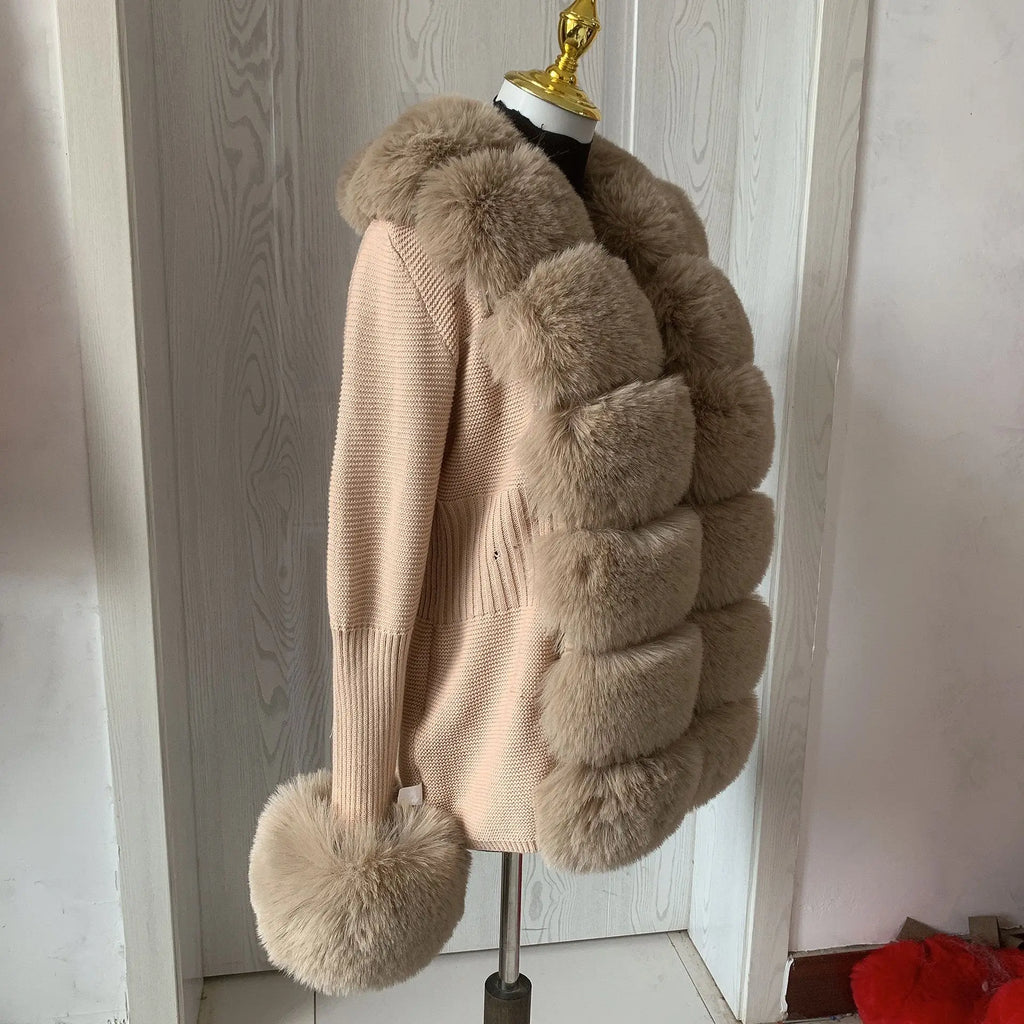 Damen Cardigan Strick Kragen Kunstpelz Fuchs Elegant – Chic & Luxuriöser Pullover Mantel | Frühling Herbst