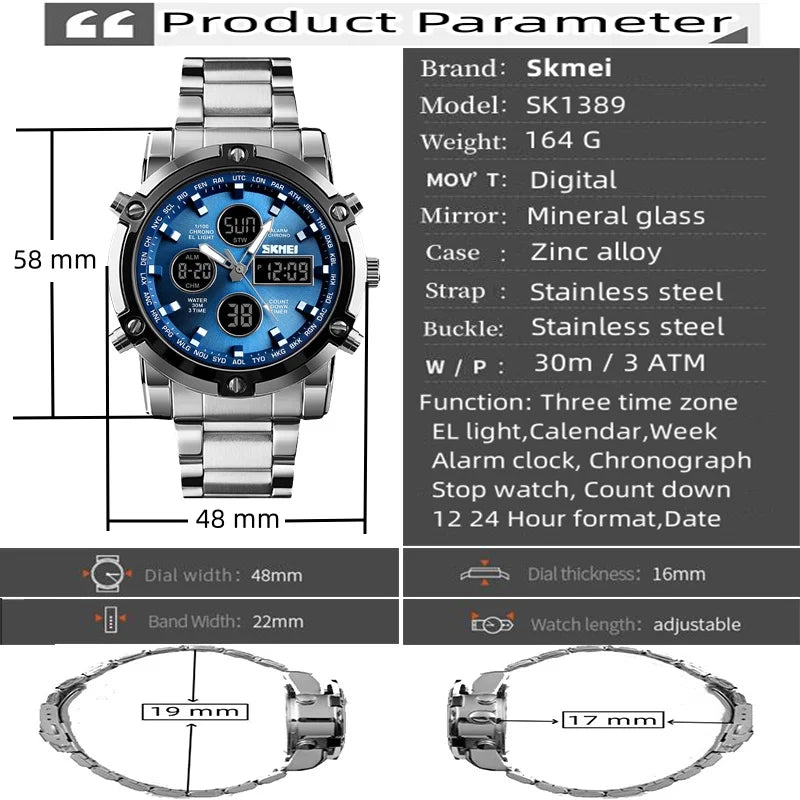 Montre Homme SKMEI Luxe Bracelet Acier 3 Fuseaux Horaires LED Sport Alarme Analogique Digitale Chronomètre | Montre SKMEI Multifonction Sport Luxe Premium