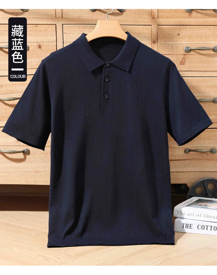 Pull Polo Homme 100% Laine Mérinos – Col Lapierre Manches Courtes Tricoté Loose Été Grande Taille