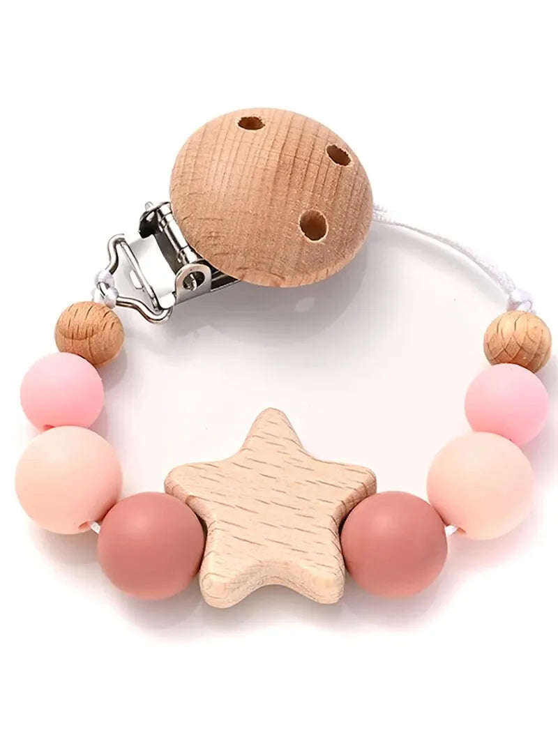 Attache-Tétine Bébé Perles Silicone & Bois Étoile – Chaîne Anneau Dentition Jouet À Mâcher Cadeau Naissance