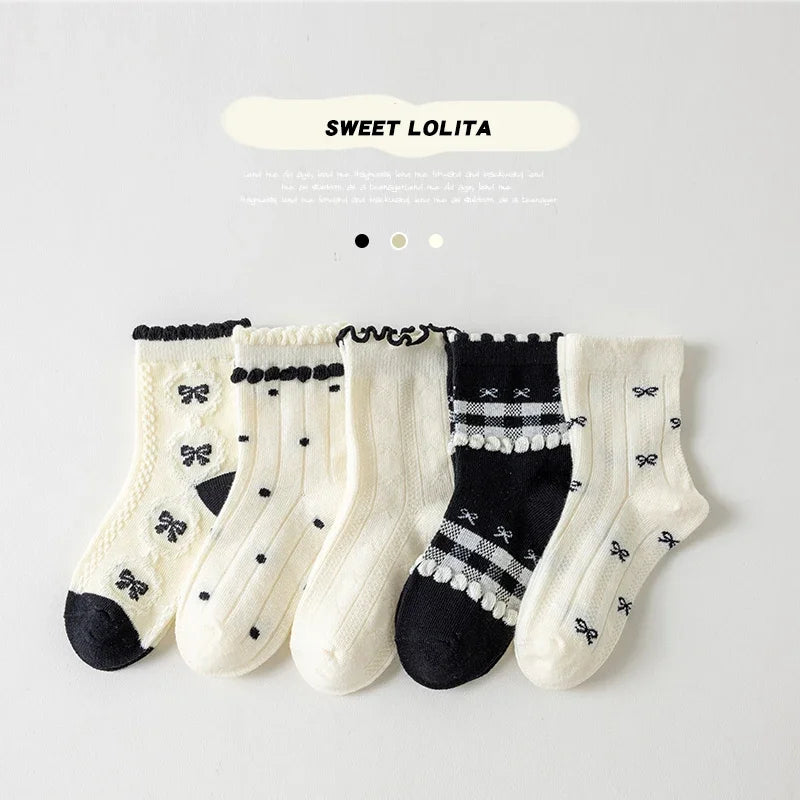 Lot 5 Paires Chaussettes Fille Coton Dentelle Nœud – Rayures Douces Respirantes Antidérapantes Princesse