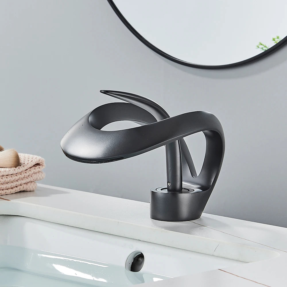 Rozin Robinet Lavabo Luxe Noir & Gris – Effet Cascade, Laiton, Style Moderne | Mitigeur Eau Chaude & Froide Vasque