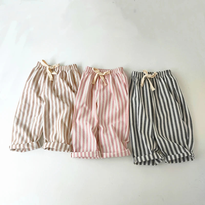 Short Lin Coton Enfant Rayures – Pantalon Court Casual Vintage Ample Garçon Fille Été