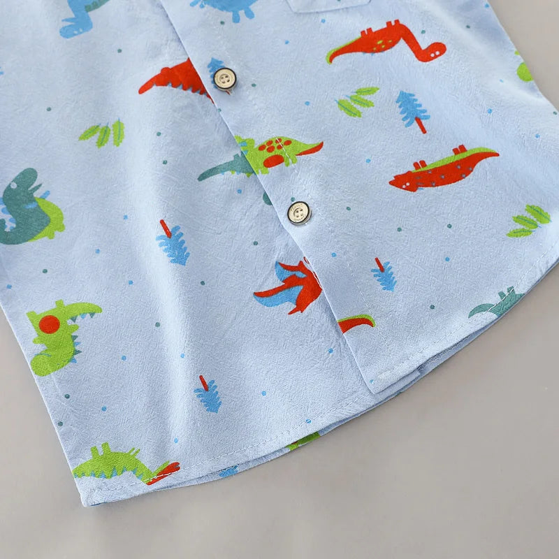 Ensemble 2 Pièces Bébé Imprimé Dinosaure Cartoon – Chemise Col Montant Manches Courtes Garçon