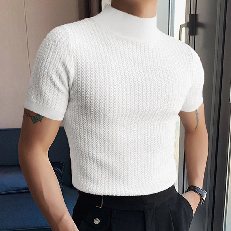 T-Shirt Homme Moulant Col Haut Texturé Couleur Unie Manches Courtes Style Coréen K-Fashion Streetwear Casual Été | Tee Shirt Col Haut K-Fashion Premium