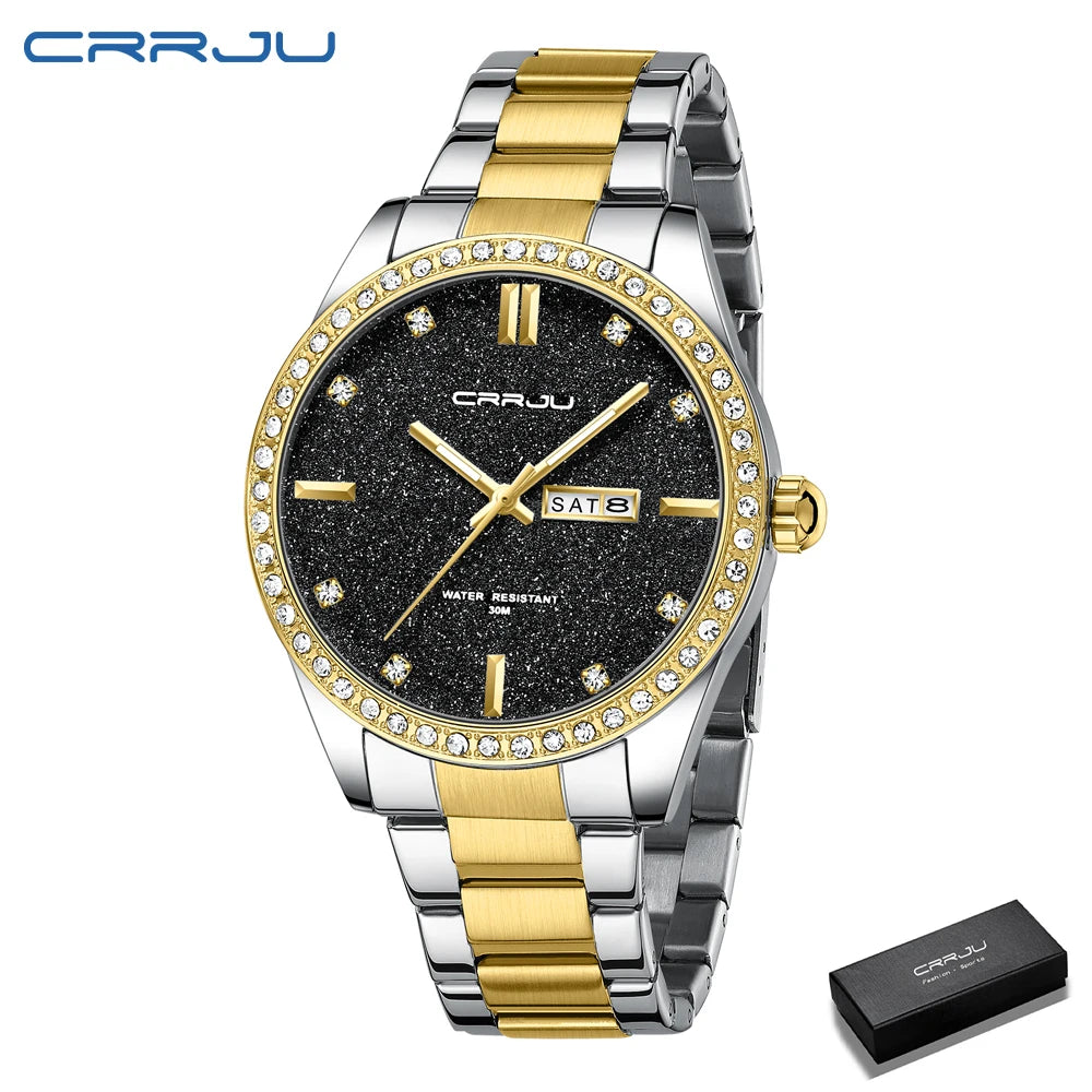 Montre Homme CRRJU Moissanite Diamant Luxe Cadran Doré Acier Inoxydable Lumineux Élégante Premium | Montre CRRJU Moissanite Diamant Luxe Premium