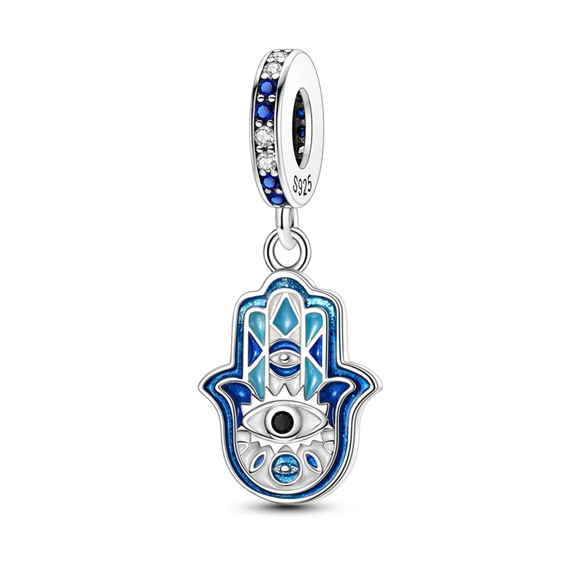 Charm Argent 925 Bleu Rotatif – Œil Démon, Main, Lune & Ciel Étoilé | Perle Pendentif Bracelet Femme | Bijou Spirituel & Mystique