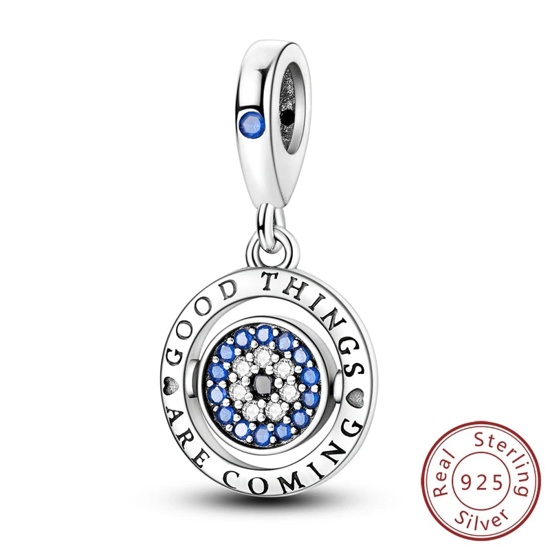 Charm Argent 925 Bleu Rotatif – Œil Démon, Main, Lune & Ciel Étoilé | Perle Pendentif Bracelet Femme | Bijou Spirituel & Mystique