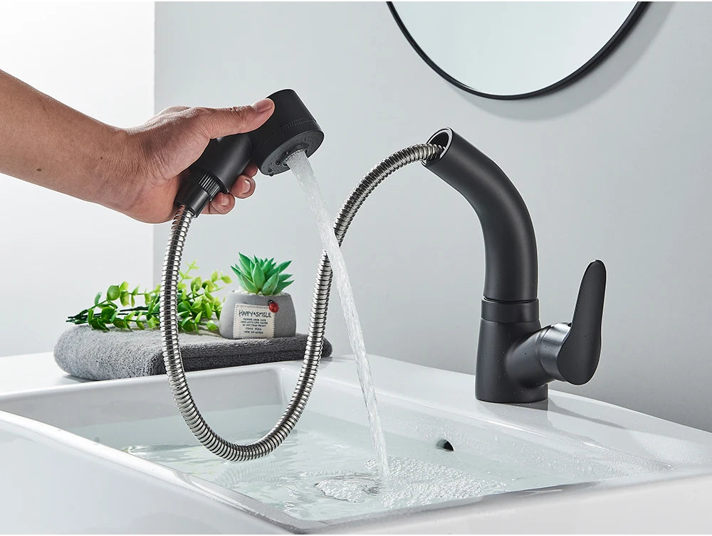 POIQIHY Robinet Lavabo Extractible Noir – Mitigeur Chaud Froid, Rotation 360°, Bec Relevable | Chrome & Noir Salle de Bain