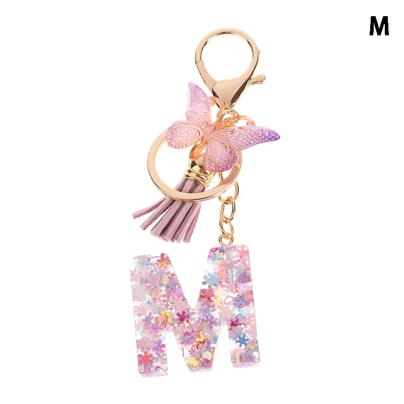 Porte-Clés Lettre Initiale Sequins Femme – Pendentif Papillon Pompon Sac Voiture Bijou