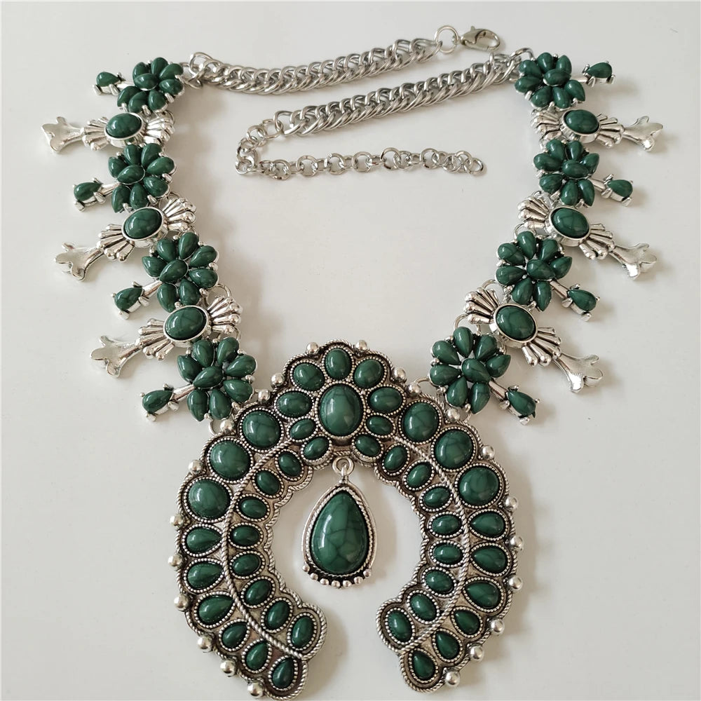 Parure Collier & Boucles Boho Ethnique Turquoise Résine – Pendentif Statement Baroque Retro | Style Indien Vintage | Bijou Femme Tendance 2026