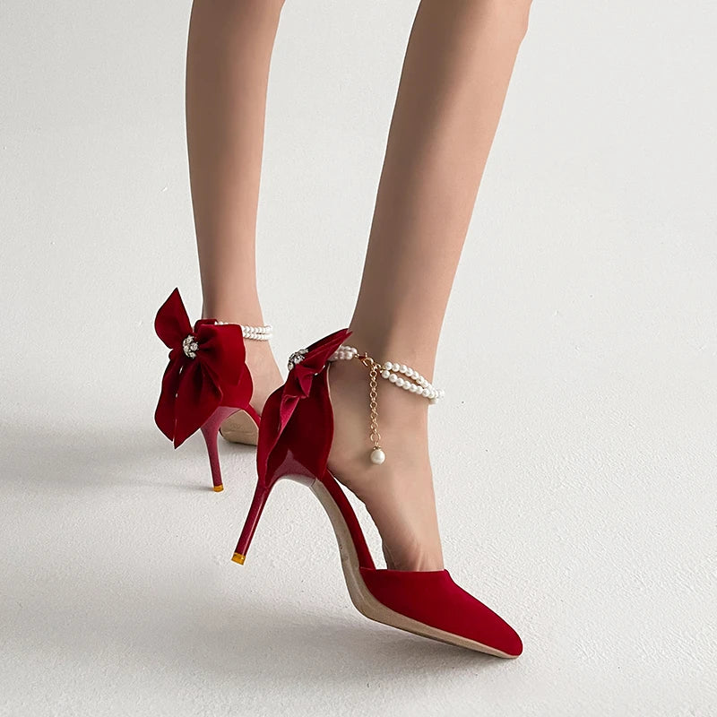 Escarpins Rouges Mariage Bow Pearl Bride 2025 – Stiletto Bout Pointu Boucle Bride