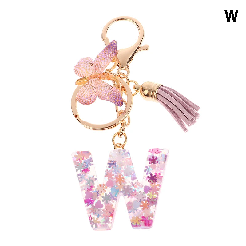 Porte-Clés Lettre Initiale Sequins Femme – Pendentif Papillon Pompon Sac Voiture Bijou
