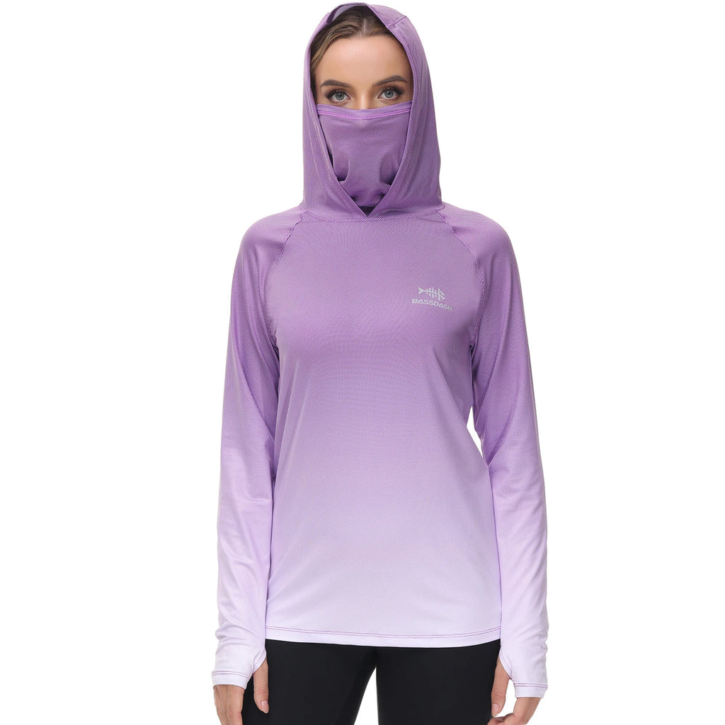 Bassdash Hoodie Anti-UV UPF 50+ Damen – Integrierte Gesichtsbedeckung & Daumenlöcher | Schnelltrocknend & Atmungsaktiv | Angeln, Wandern & Radfahren